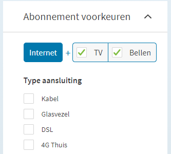 Filteropties Internetten.nl abonnement en type aansluiting